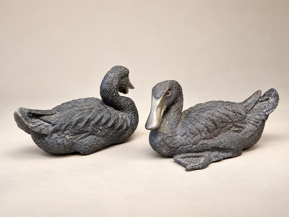 Pair of Vintage Heavy Cast Metal Mallard Duck Sculptures