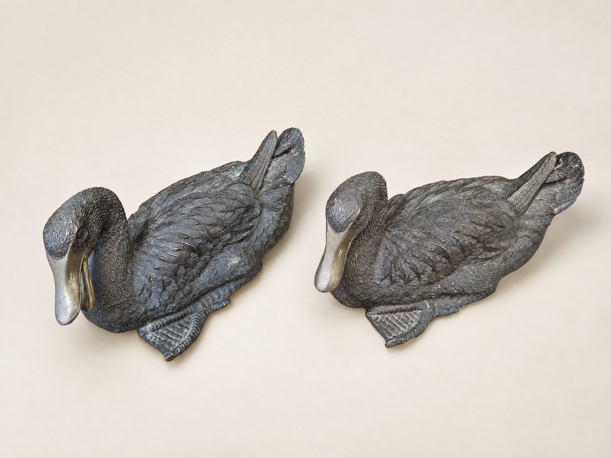 Pair of Vintage Heavy Cast Metal Mallard Duck Sculptures