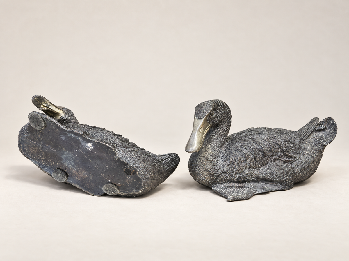 Pair of Vintage Heavy Cast Metal Mallard Duck Sculptures