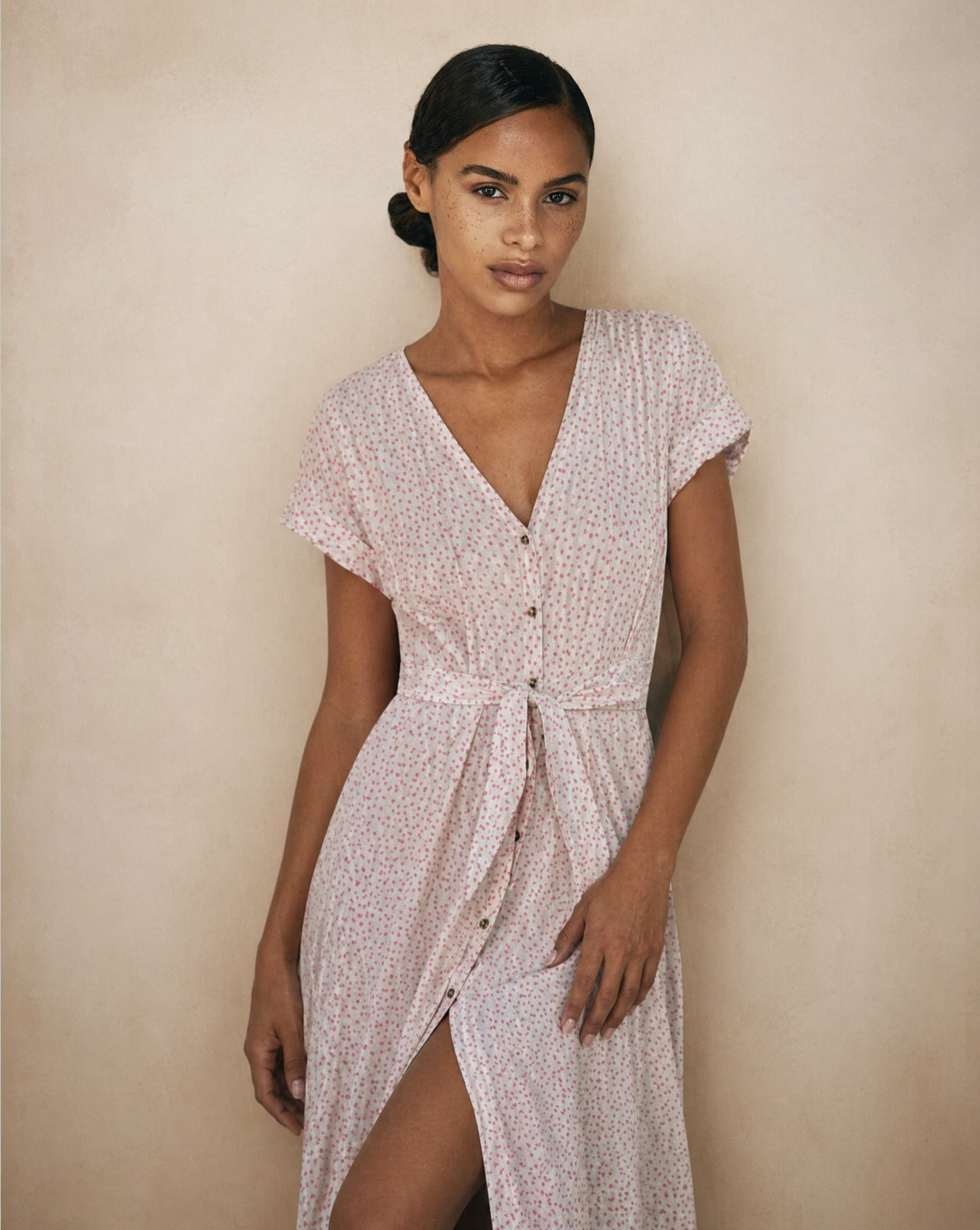 Soft Pink Micro Print Button Front Midi Dress