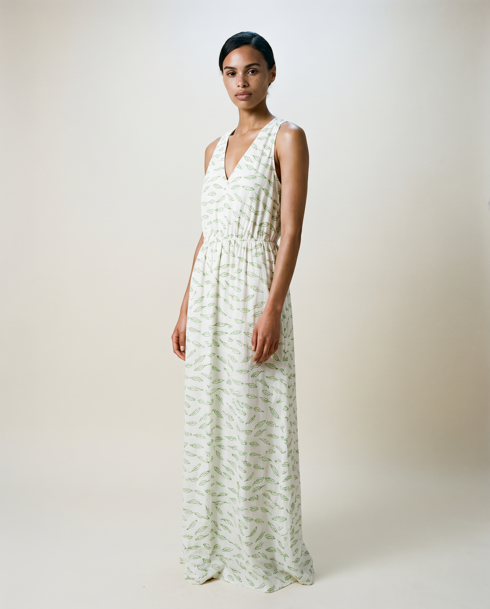 Open Back Cross Strap Maxi Dress – Green Print