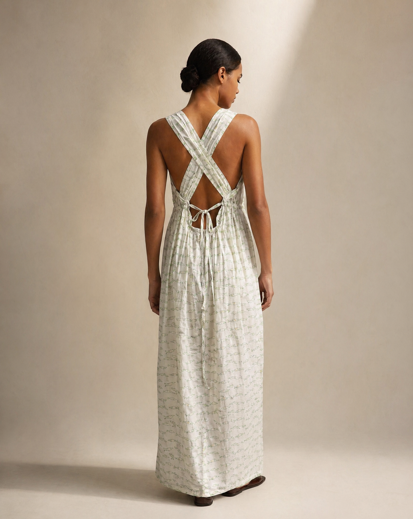Open Back Cross Strap Maxi Dress – Green Print