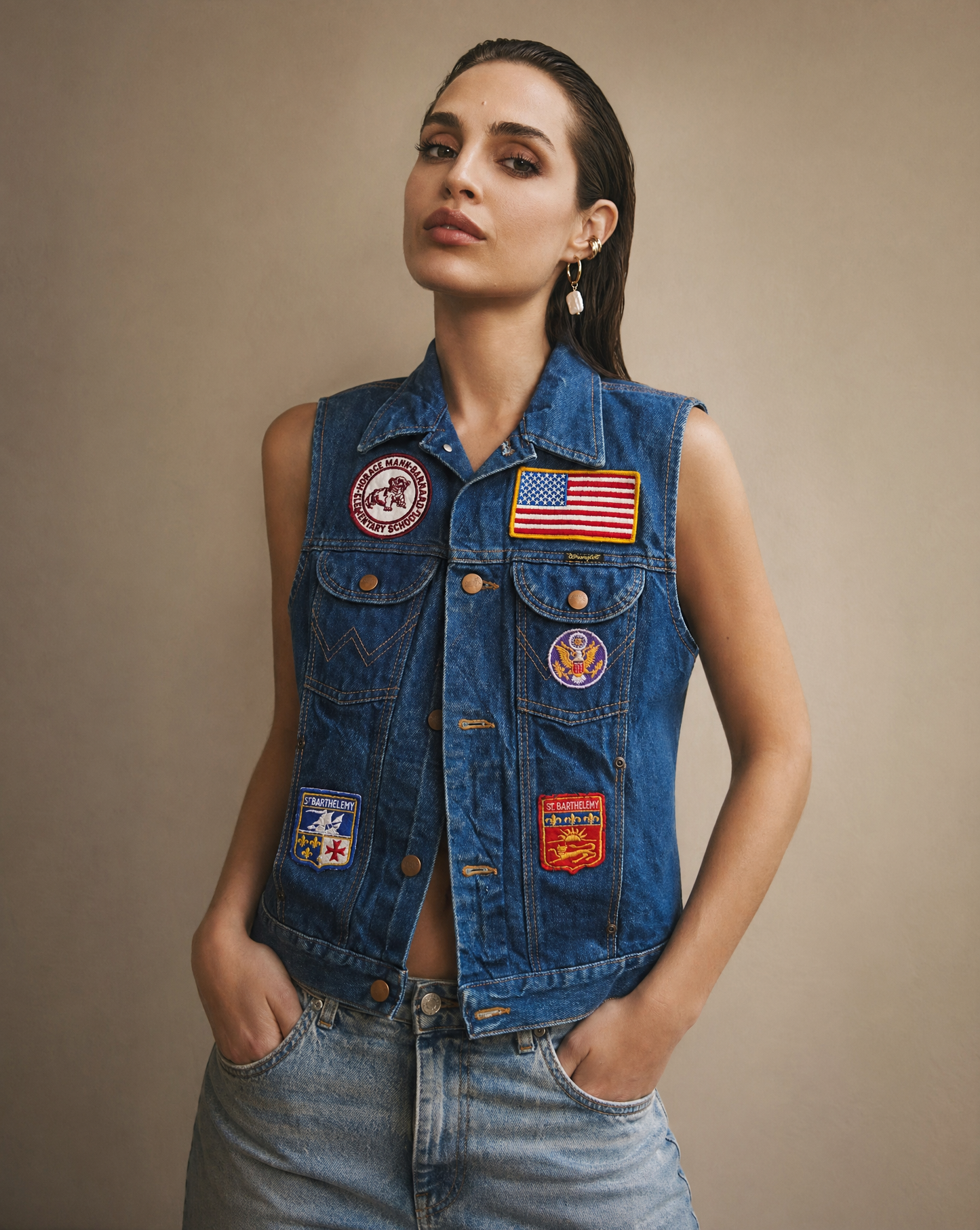 Wrangler Patchwork Denim Vest — Americana Patches — Size M