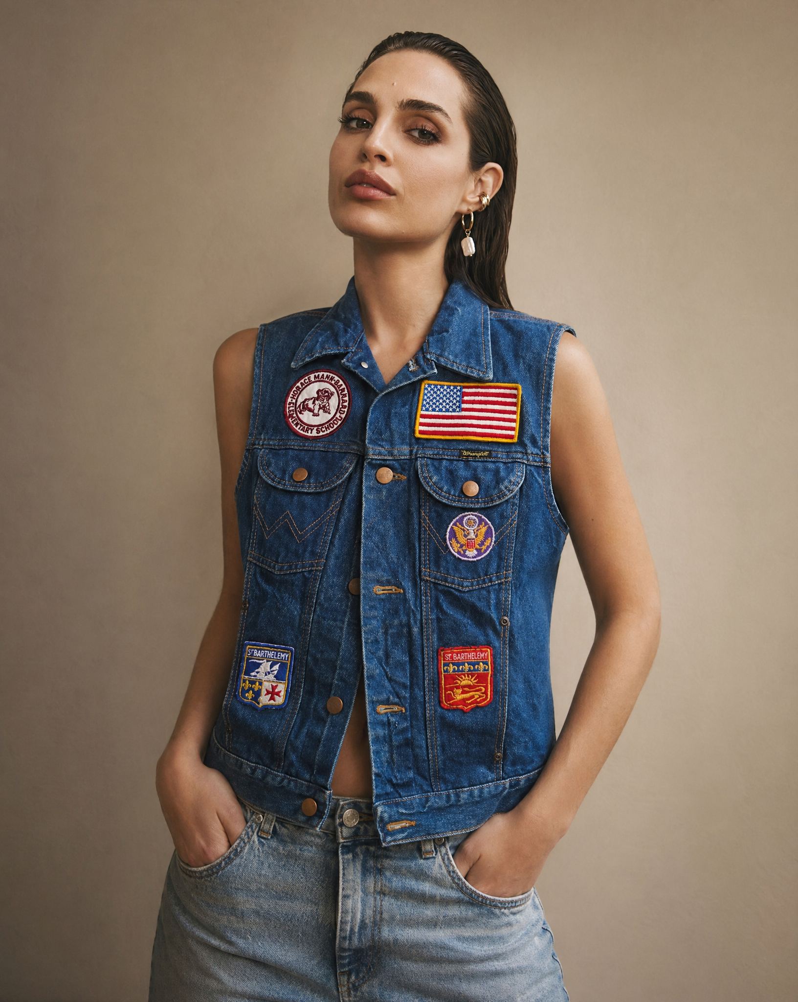 Wrangler Patchwork Denim Vest — Americana Patches — Size M
