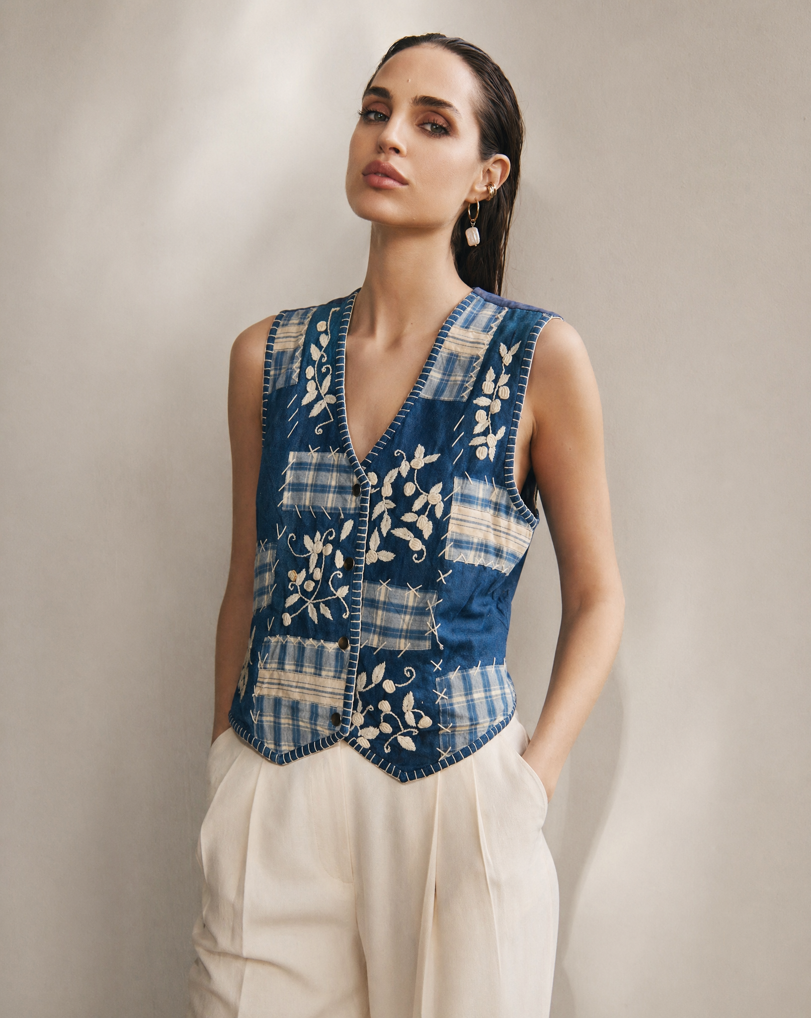 Indigo Patchwork Vest — Embroidered — Size M/L