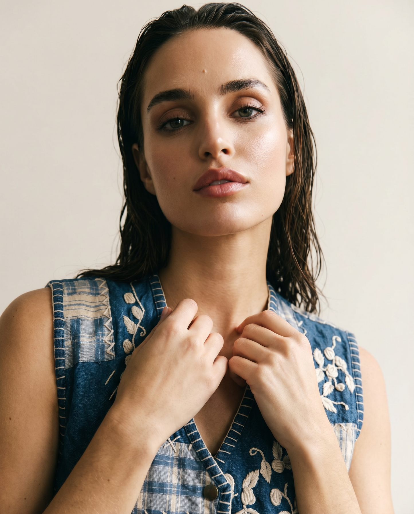 Indigo Patchwork Vest — Embroidered — Size M/L