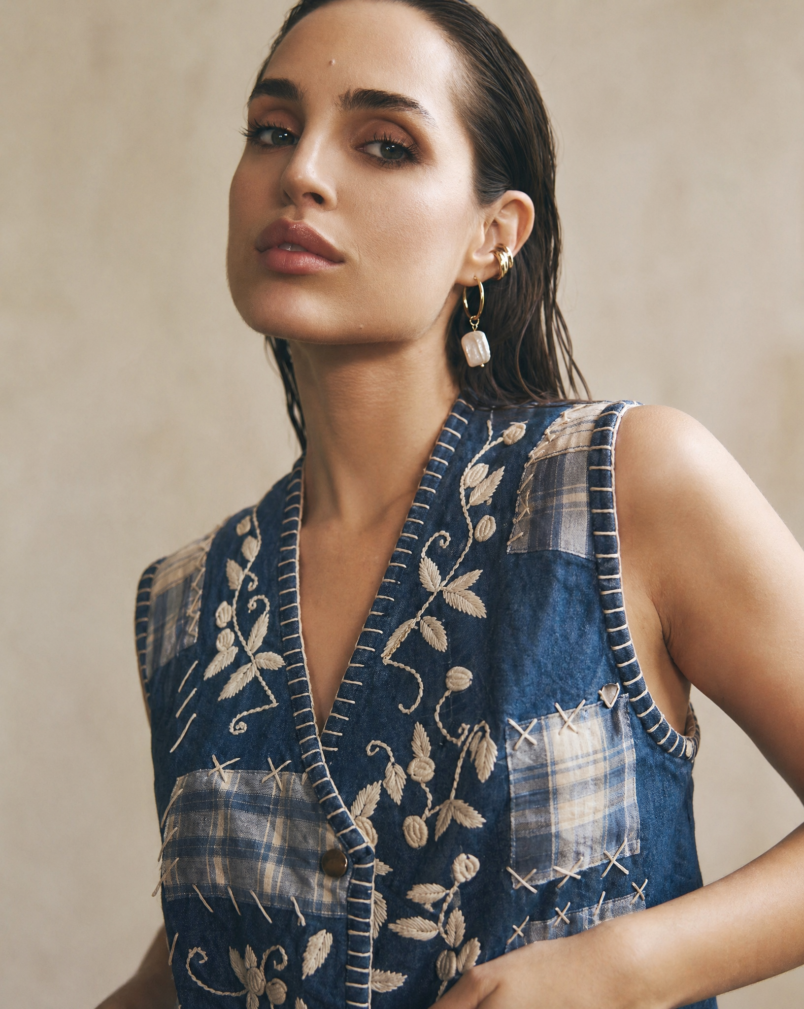 Indigo Patchwork Vest — Embroidered — Size M/L