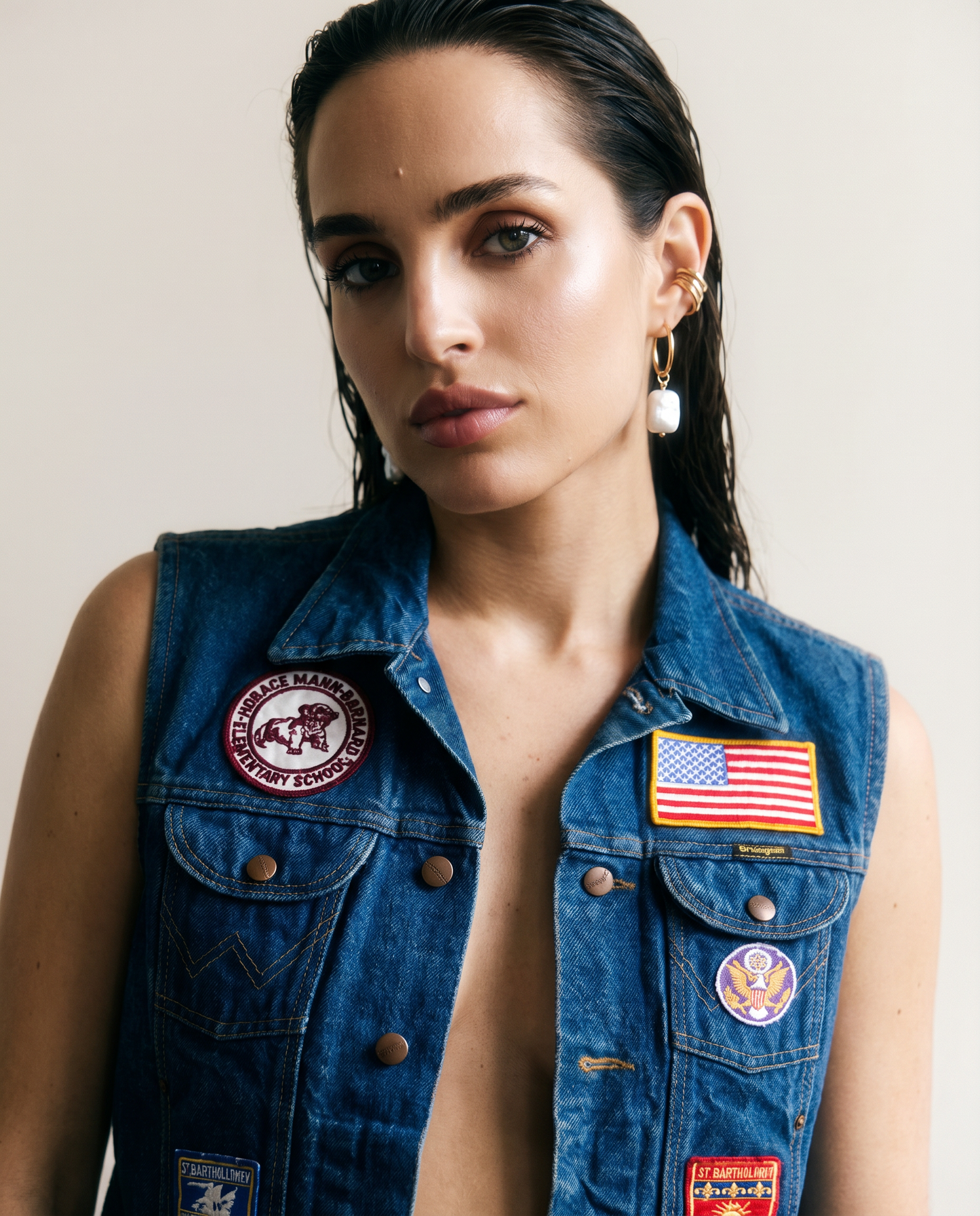 Wrangler Patchwork Denim Vest — Americana Patches — Size M