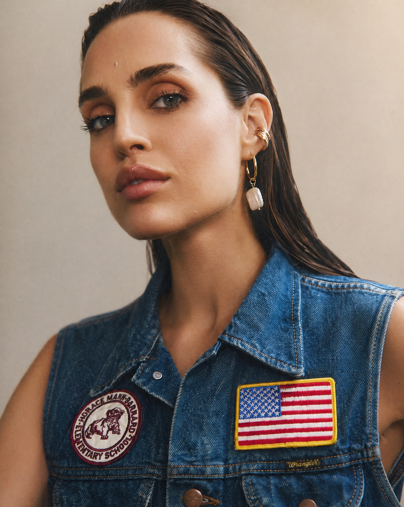 Wrangler Patchwork Denim Vest — Americana Patches — Size M