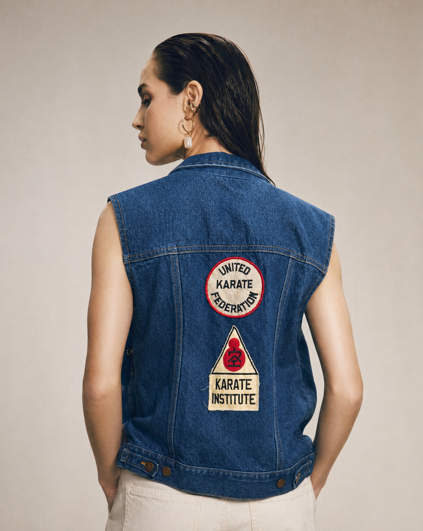 Wrangler Patchwork Denim Vest — Americana Patches — Size M