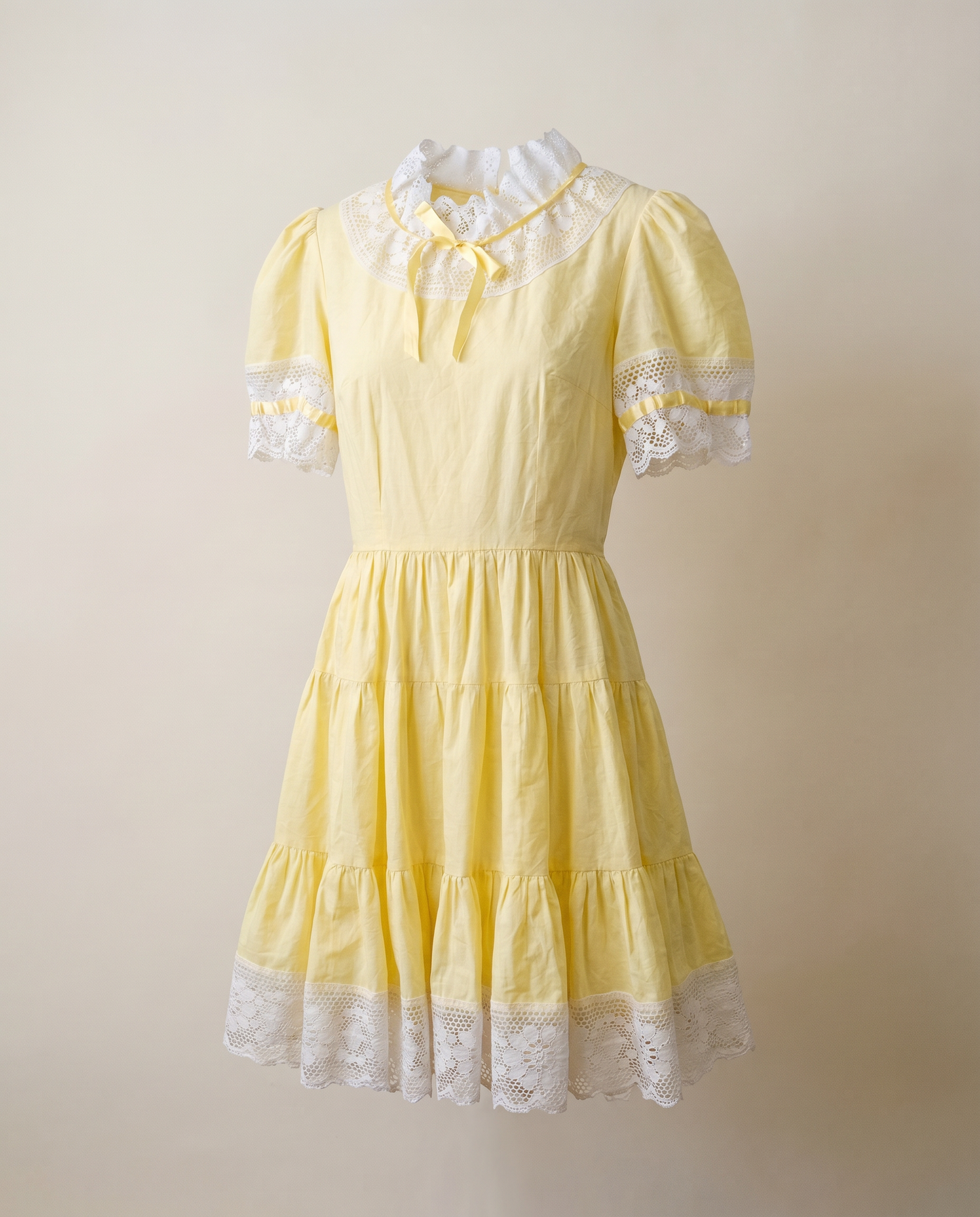 Vintage Yellow Lace Trim Prairie Mini Dress - XS