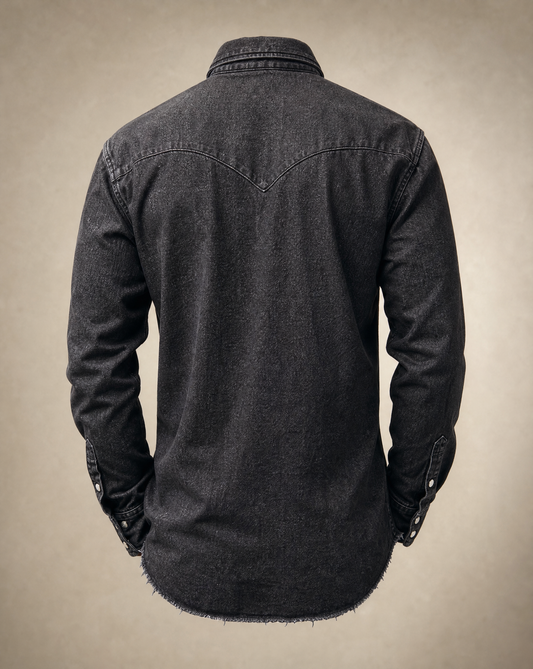 Wrangler Black Denim Western Snap Shirt – Size 17-36 X-Long Tails