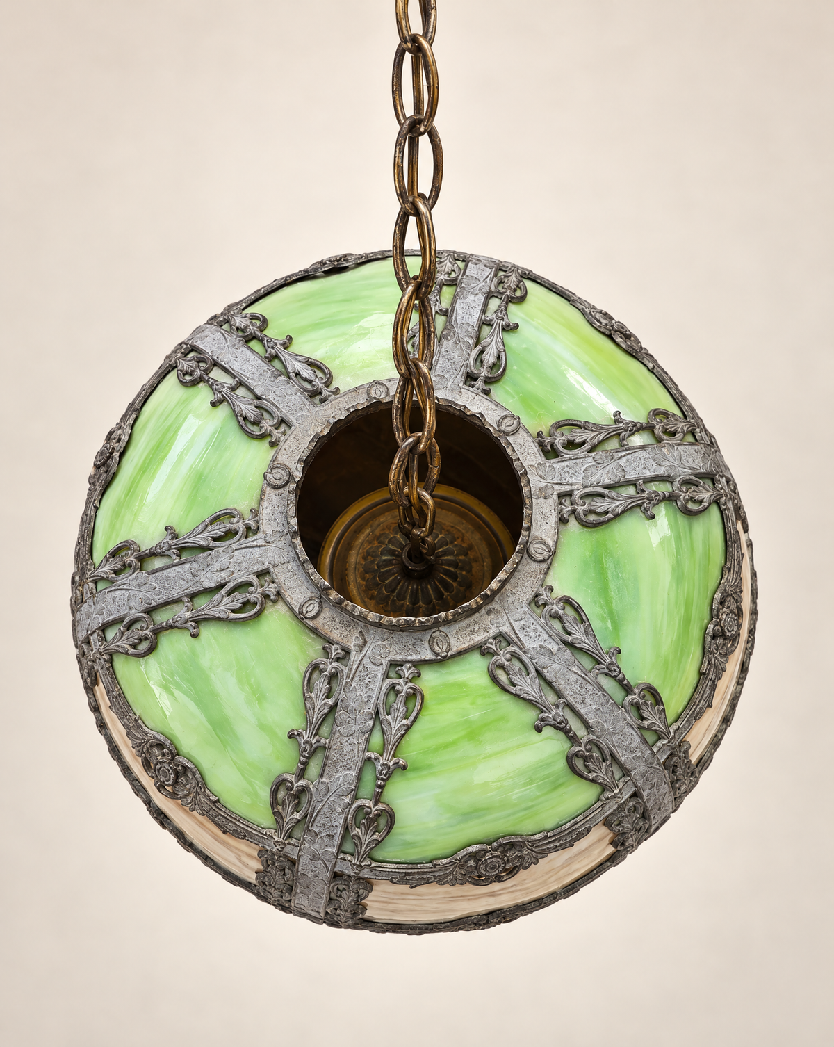 Antique Art Nouveau Green & Caramel Slag Glass Pendant Light | Circa 1910–1930