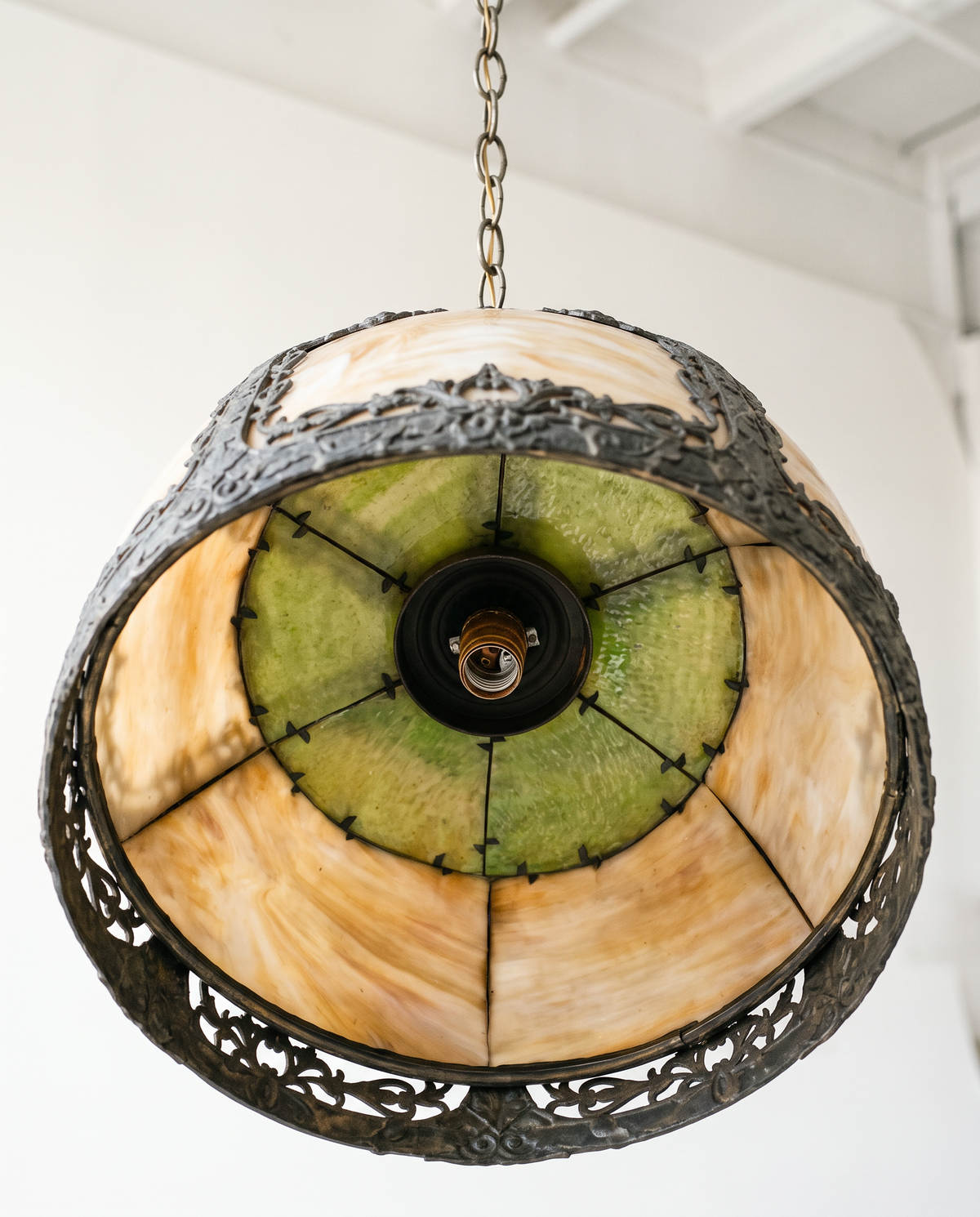 Antique Art Nouveau Green & Caramel Slag Glass Pendant Light | Circa 1910–1930
