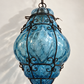 Vintage Aquamarine Blown-Glass & Wrought-Iron Pendant Lantern | Circa 1960s–1970s