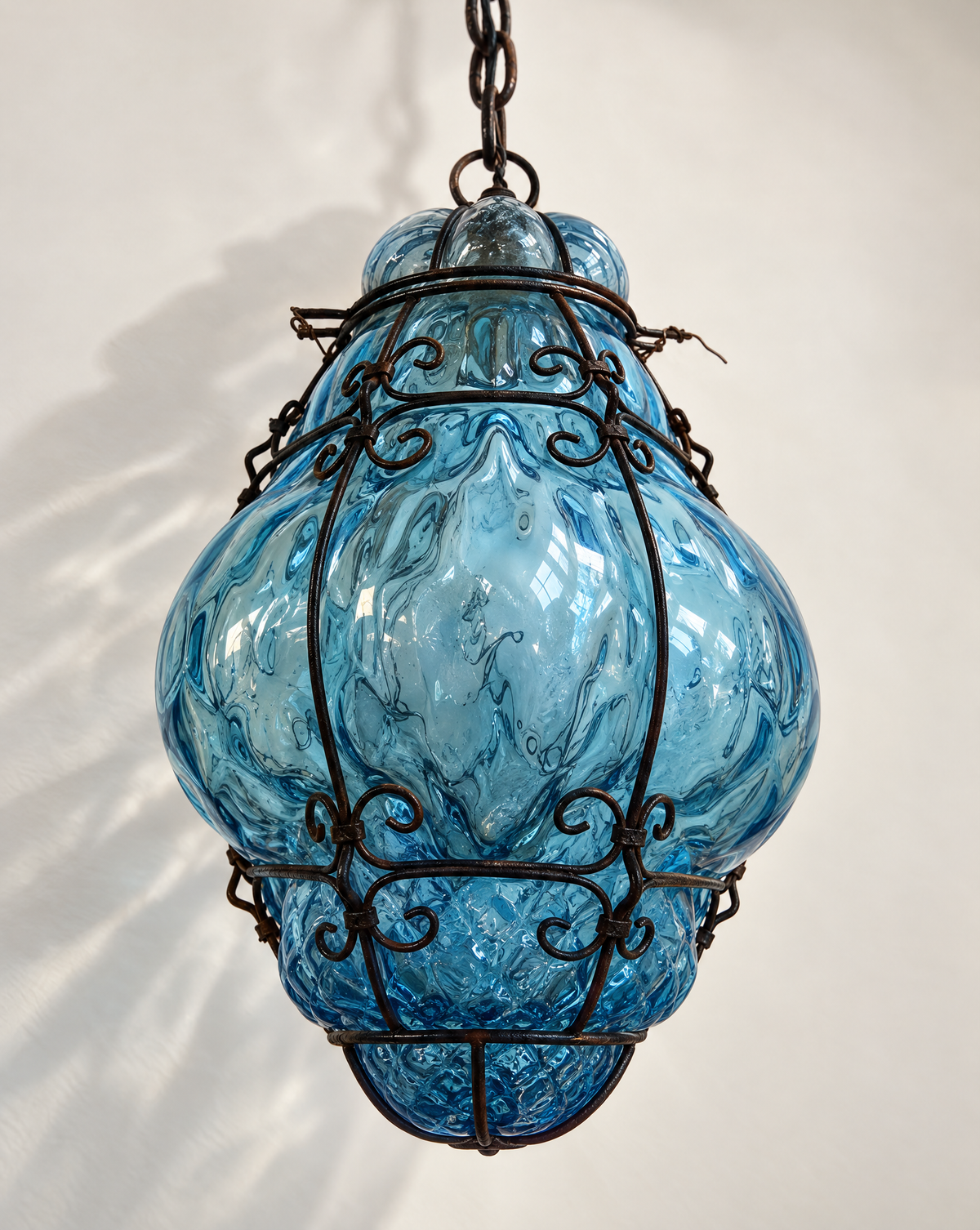 Vintage Aquamarine Blown-Glass & Wrought-Iron Pendant Lantern | Circa 1960s–1970s