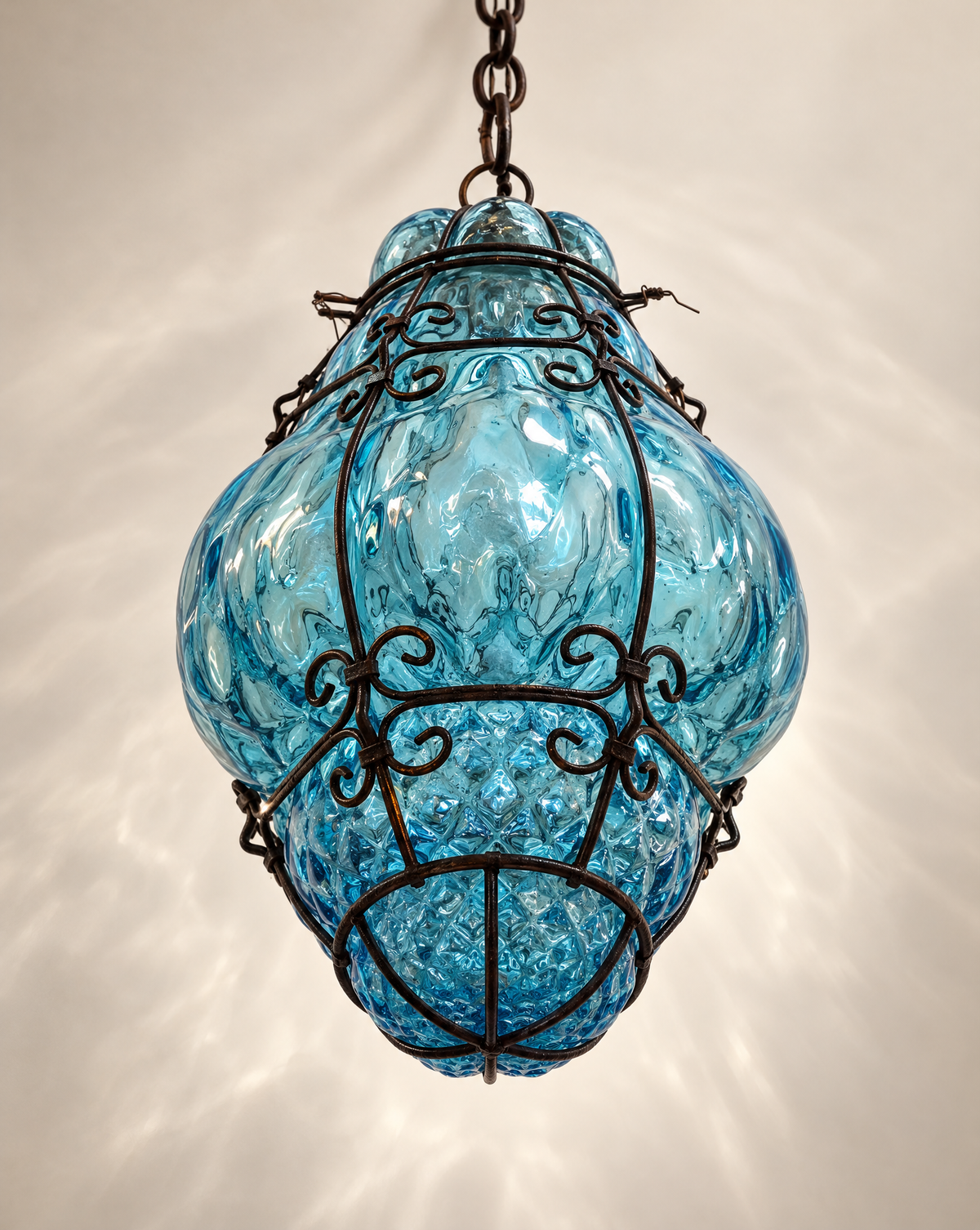 Vintage Aquamarine Blown-Glass & Wrought-Iron Pendant Lantern | Circa 1960s–1970s