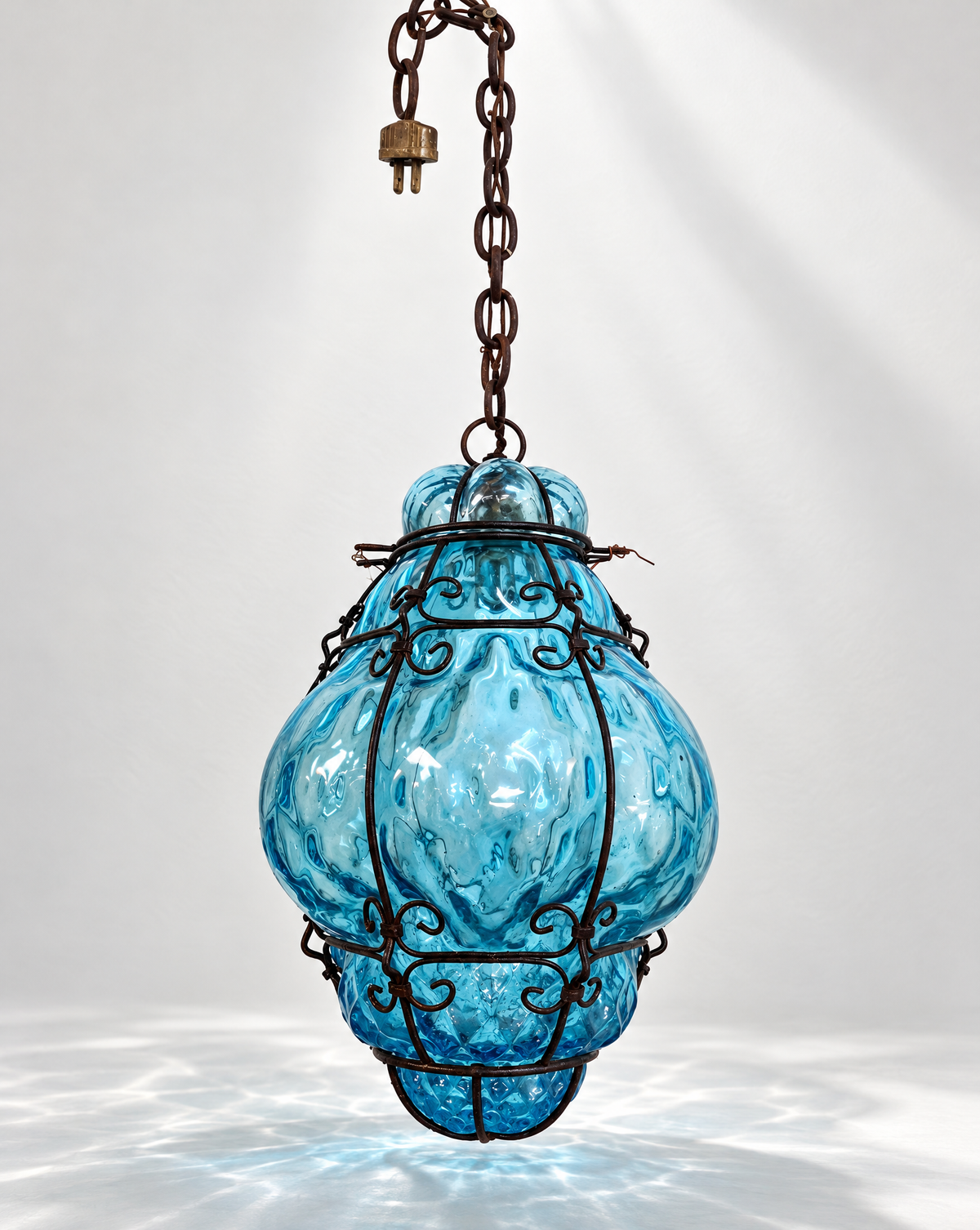 Vintage Aquamarine Blown-Glass & Wrought-Iron Pendant Lantern | Circa 1960s–1970s