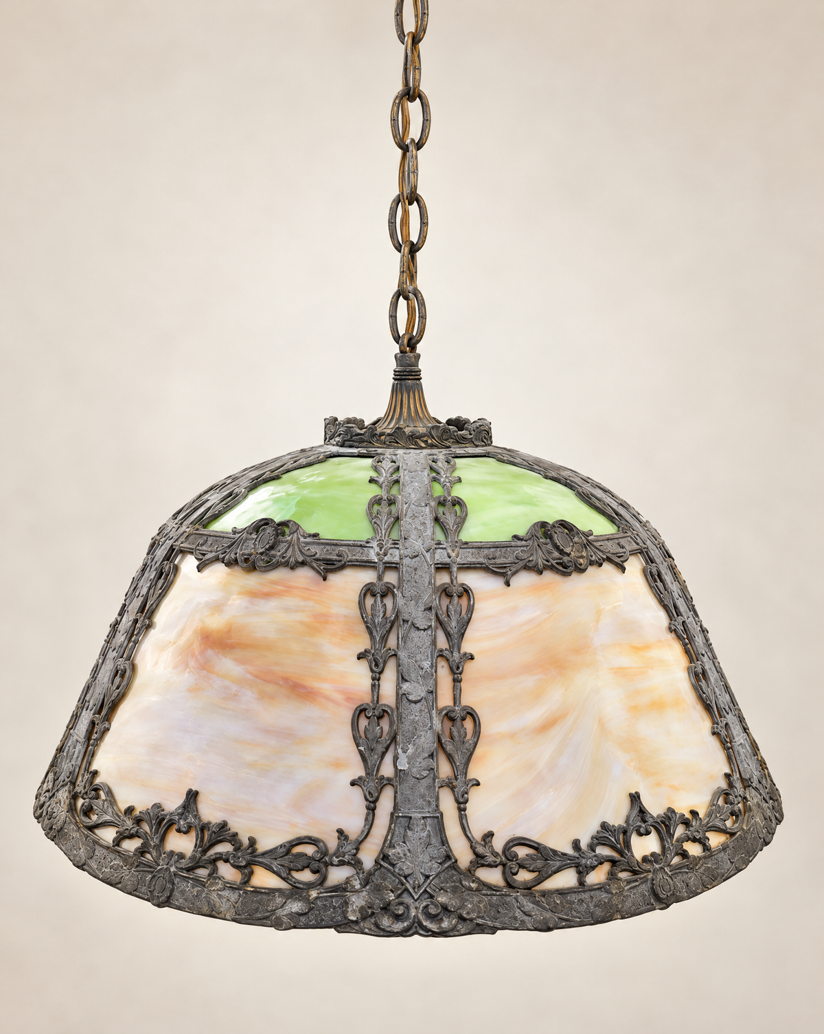 Antique Art Nouveau Green & Caramel Slag Glass Pendant Light | Circa 1910–1930