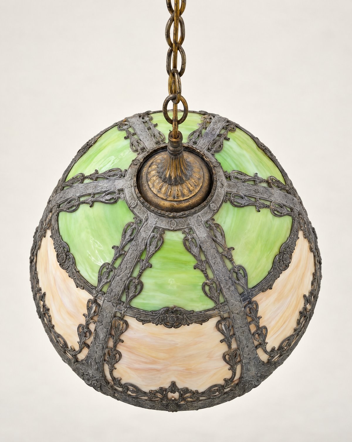 Antique Art Nouveau Green & Caramel Slag Glass Pendant Light | Circa 1910–1930