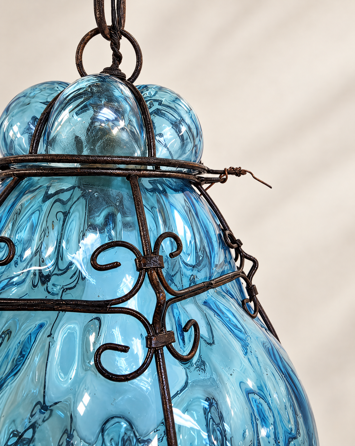 Vintage Aquamarine Blown-Glass & Wrought-Iron Pendant Lantern | Circa 1960s–1970s