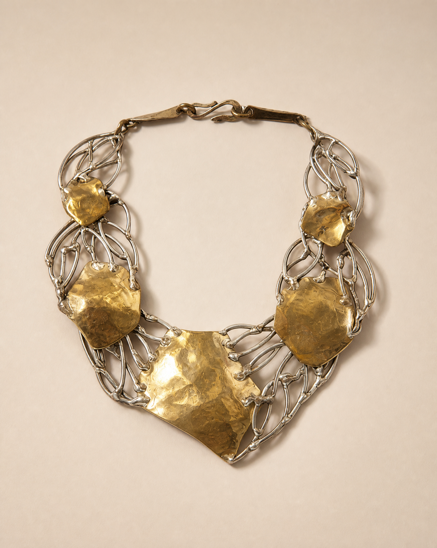 Signed Brutalist Mixed Metal Artisan Collar Necklace