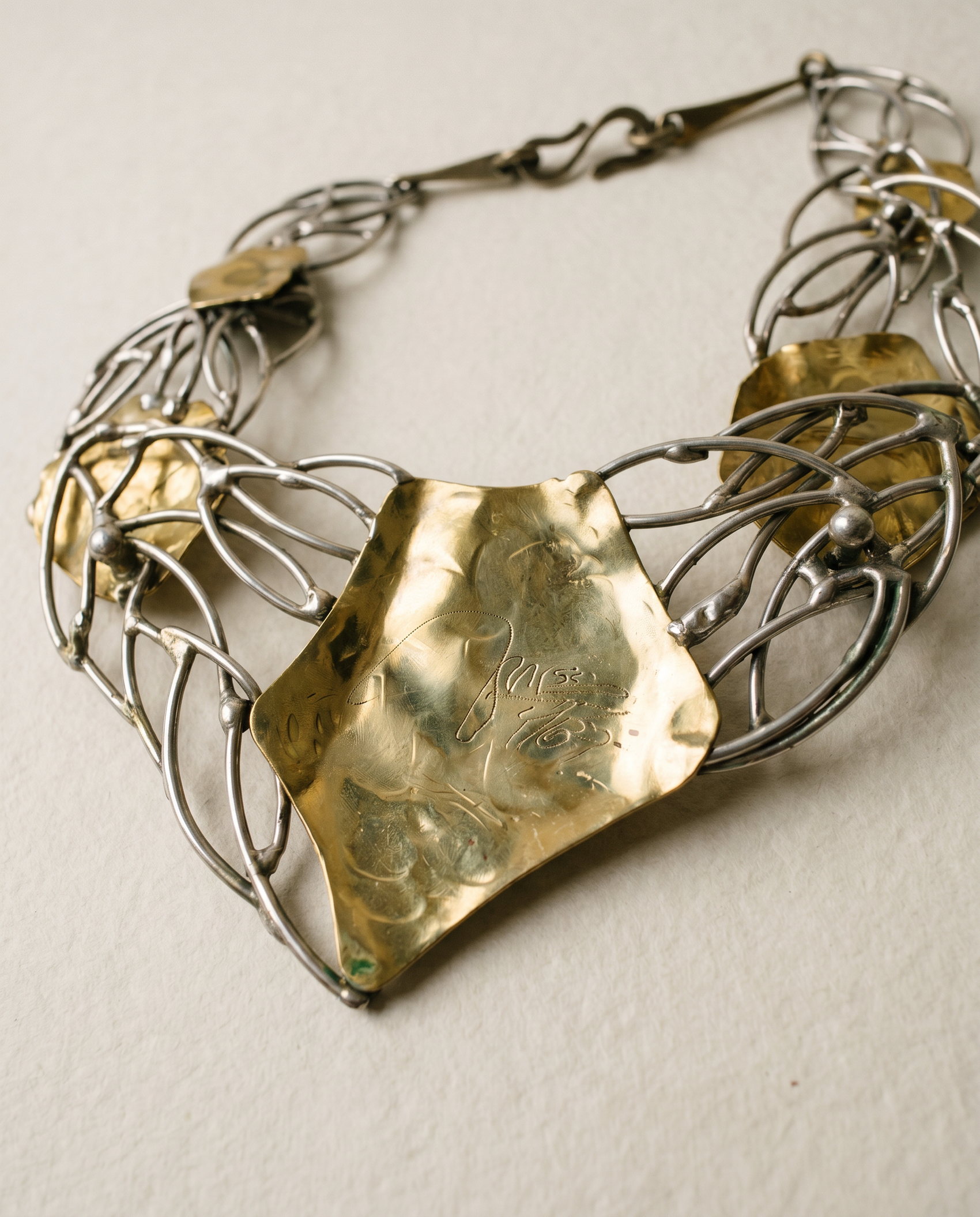 Signed Brutalist Mixed Metal Artisan Collar Necklace