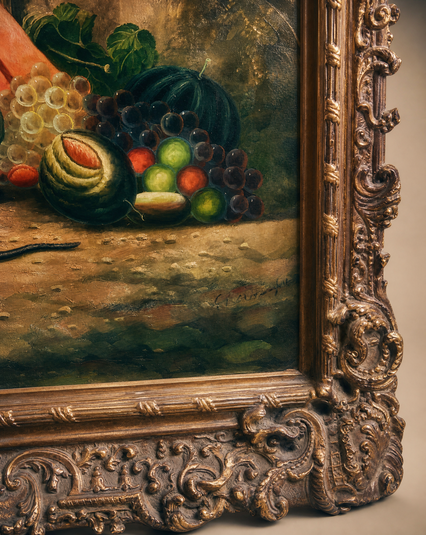 Ornate Framed Peacock Oil Painting on Canvas, Signed 49" W × 62" H