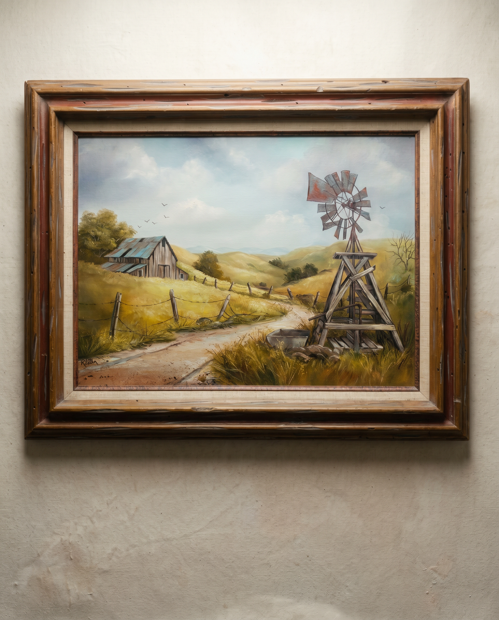 Vintage Western Windmill Landscape Original Oil Painting 31.5" W × 25.25" H