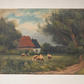 Vintage Pastoral Landscape Oil Painting – Cattle & Country Cottage (19.5" H × 15.5" W)