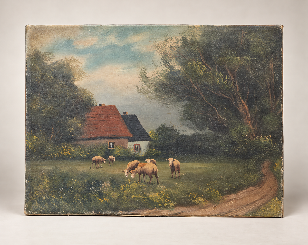 Vintage Pastoral Landscape Oil Painting – Cattle & Country Cottage (19.5" H × 15.5" W)