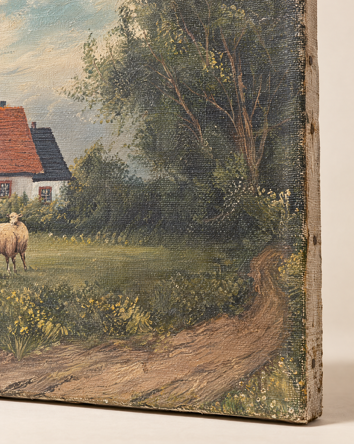 Vintage Pastoral Landscape Oil Painting – Cattle & Country Cottage (19.5" H × 15.5" W)