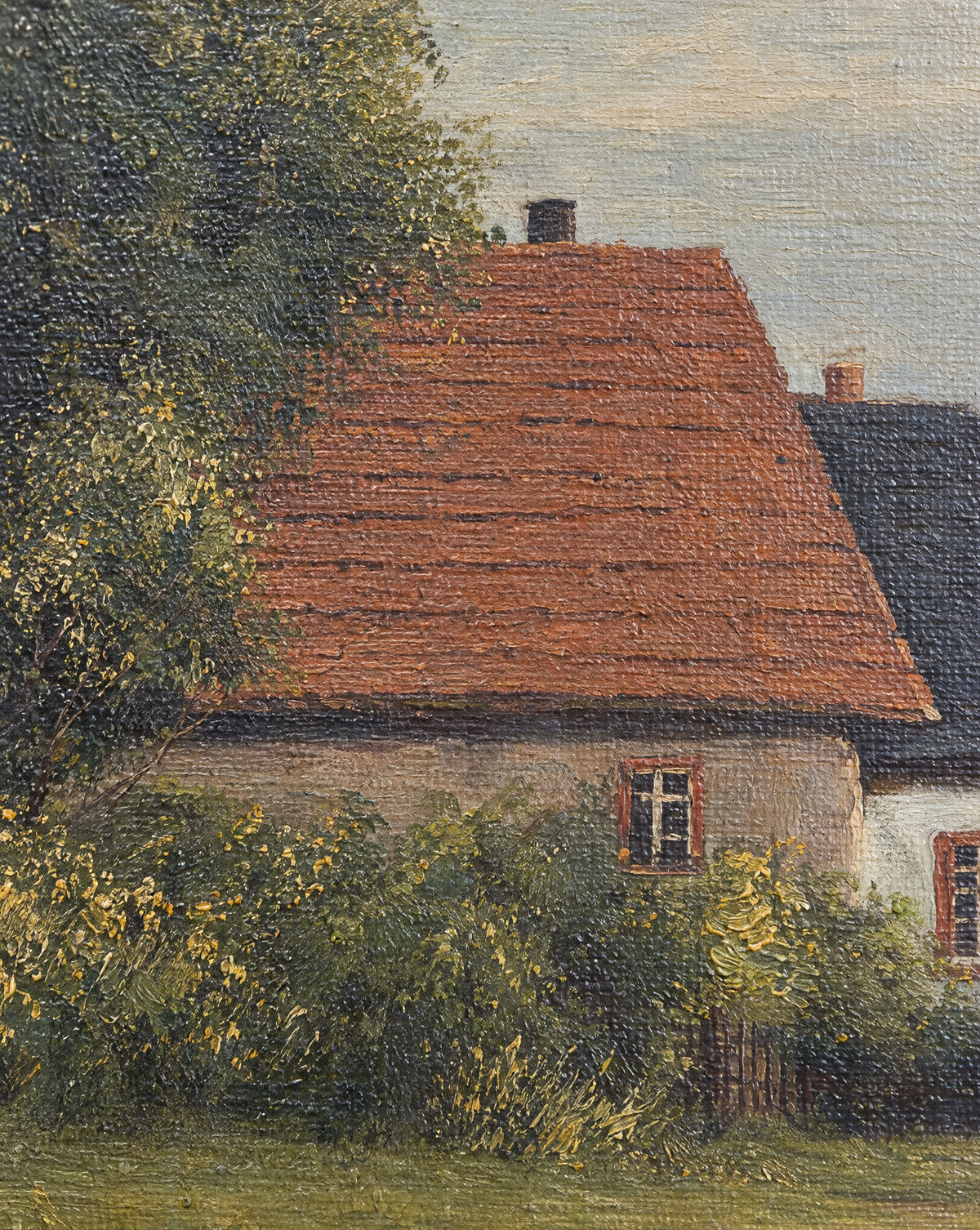 Vintage Pastoral Landscape Oil Painting – Cattle & Country Cottage (19.5" H × 15.5" W)