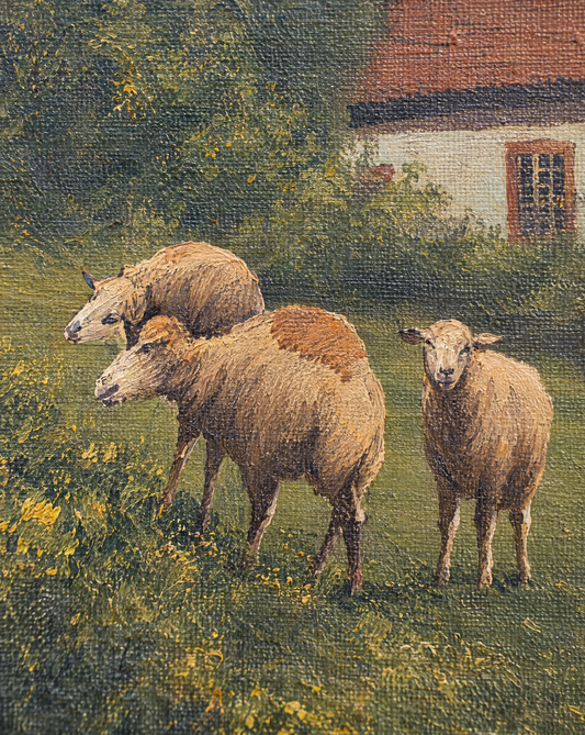 Vintage Pastoral Landscape Oil Painting – Cattle & Country Cottage (19.5" H × 15.5" W)