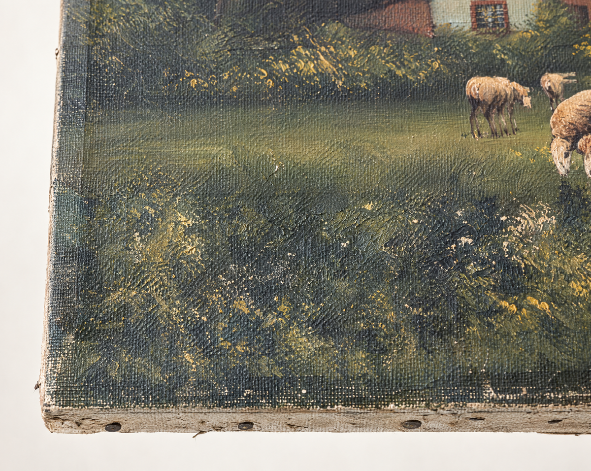 Vintage Pastoral Landscape Oil Painting – Cattle & Country Cottage (19.5" H × 15.5" W)