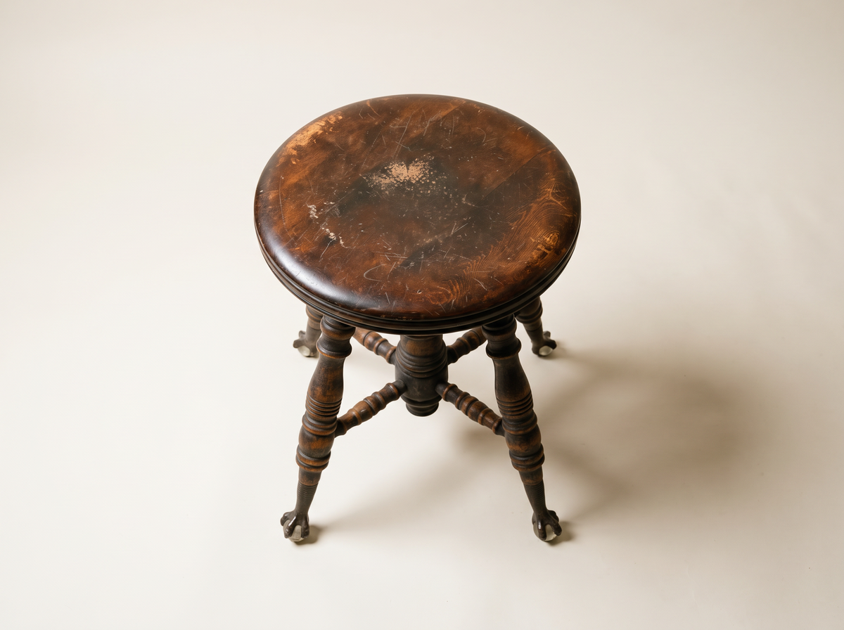 Antique Adjustable Piano Stool with Glass Ball & Claw Feet