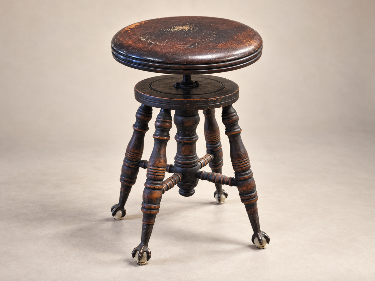 Antique Adjustable Piano Stool with Glass Ball & Claw Feet
