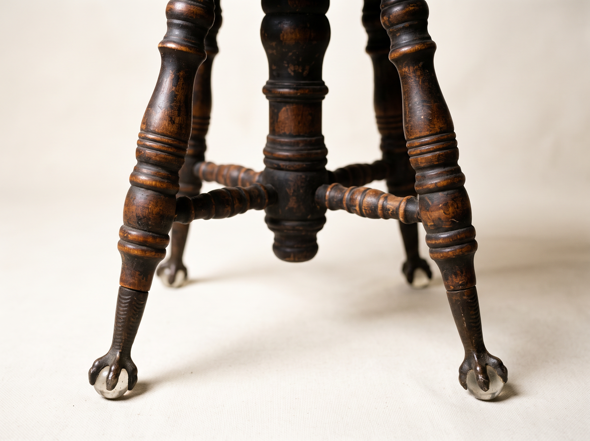 Antique Adjustable Piano Stool with Glass Ball & Claw Feet