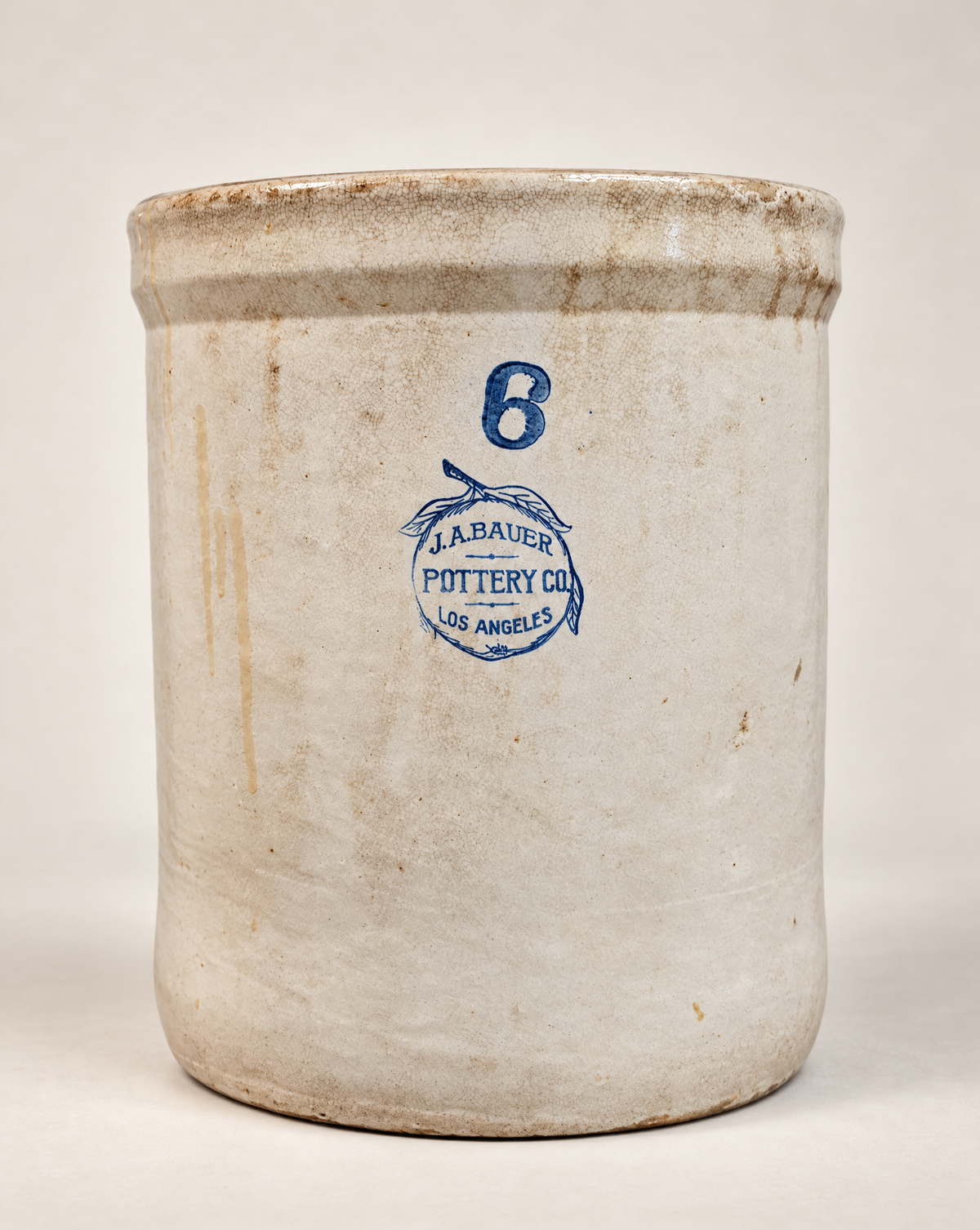 Antique J.A. Bauer Pottery Co. 6-Gallon Stoneware Crock – Circa 1910–1930