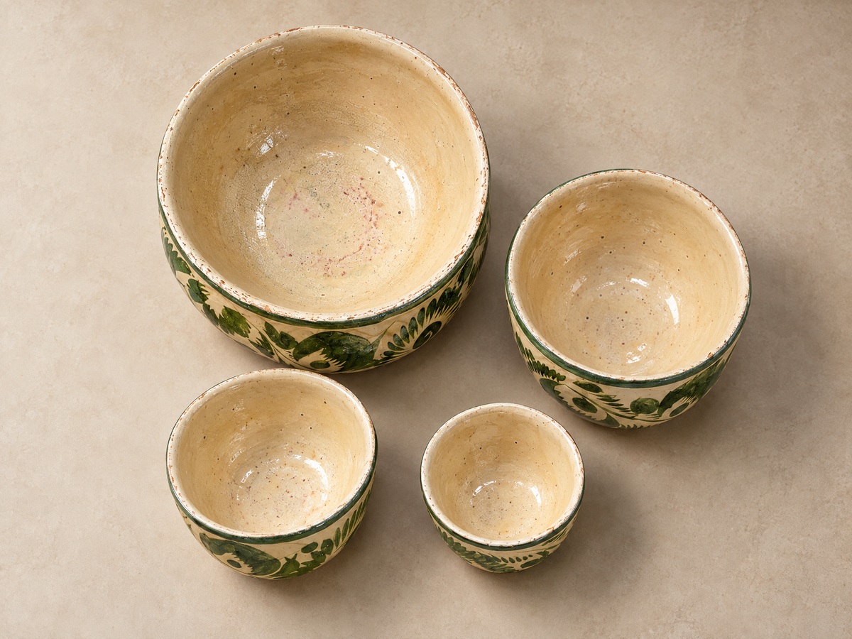Set of Four Vintage Green Glazed Folk Pottery Nesting Bowls