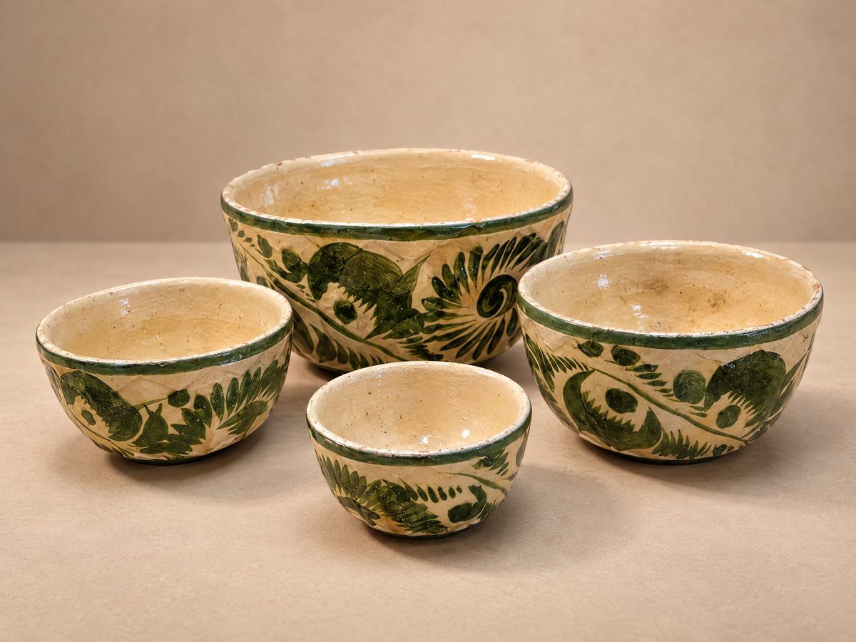 Set of Four Vintage Green Glazed Folk Pottery Nesting Bowls