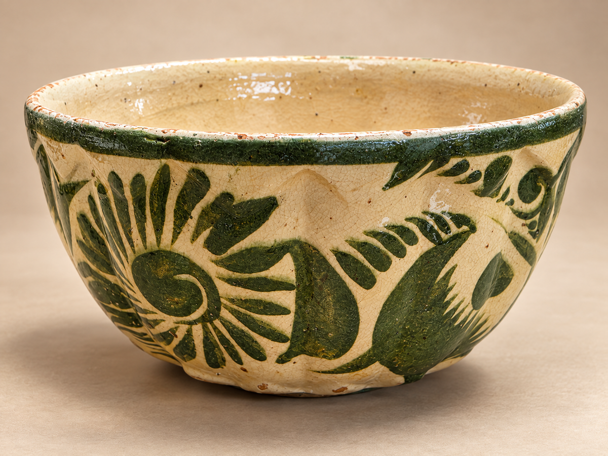 Set of Four Vintage Green Glazed Folk Pottery Nesting Bowls
