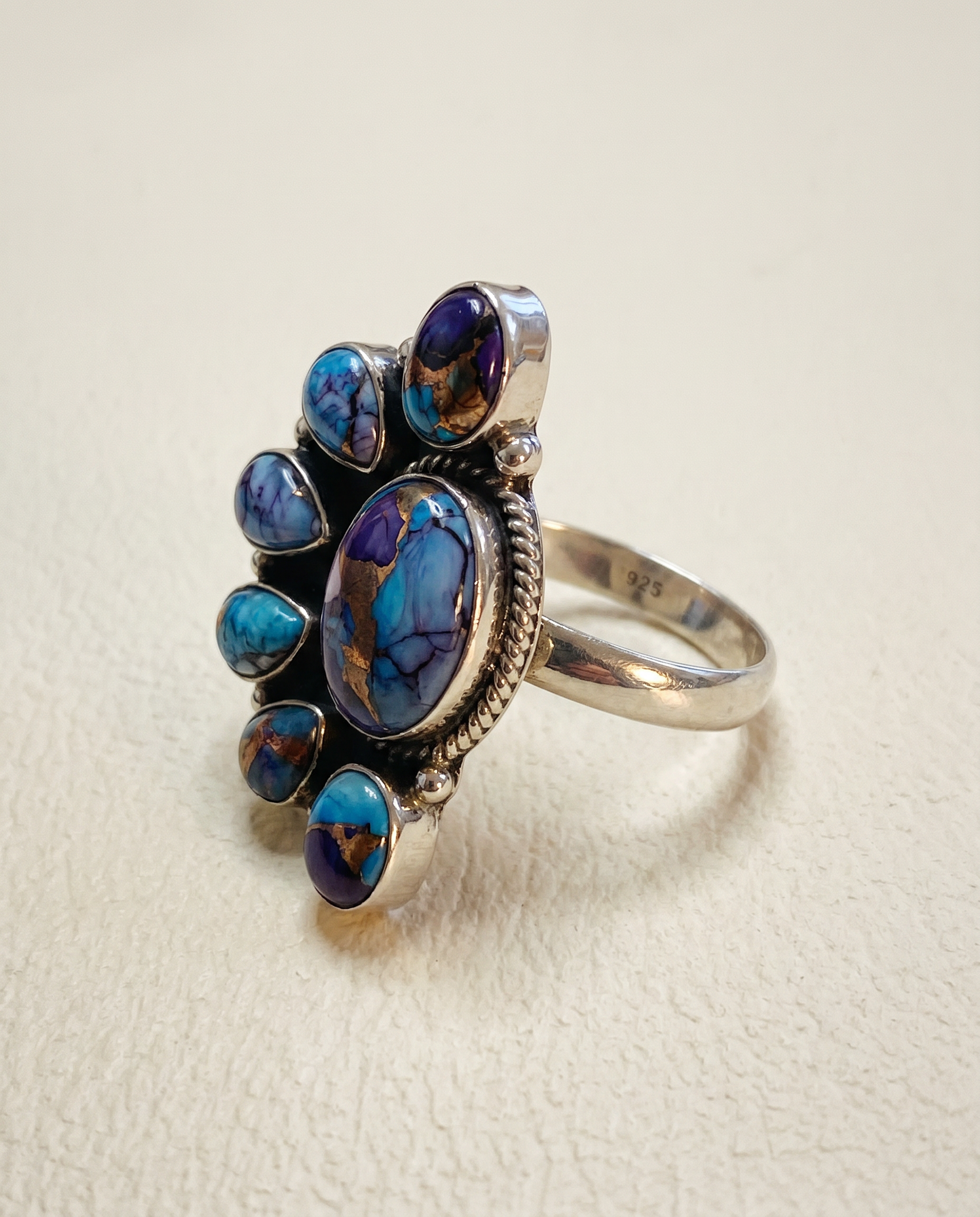 Sterling Silver Purple Mojave Turquoise Cluster Ring – Size 8