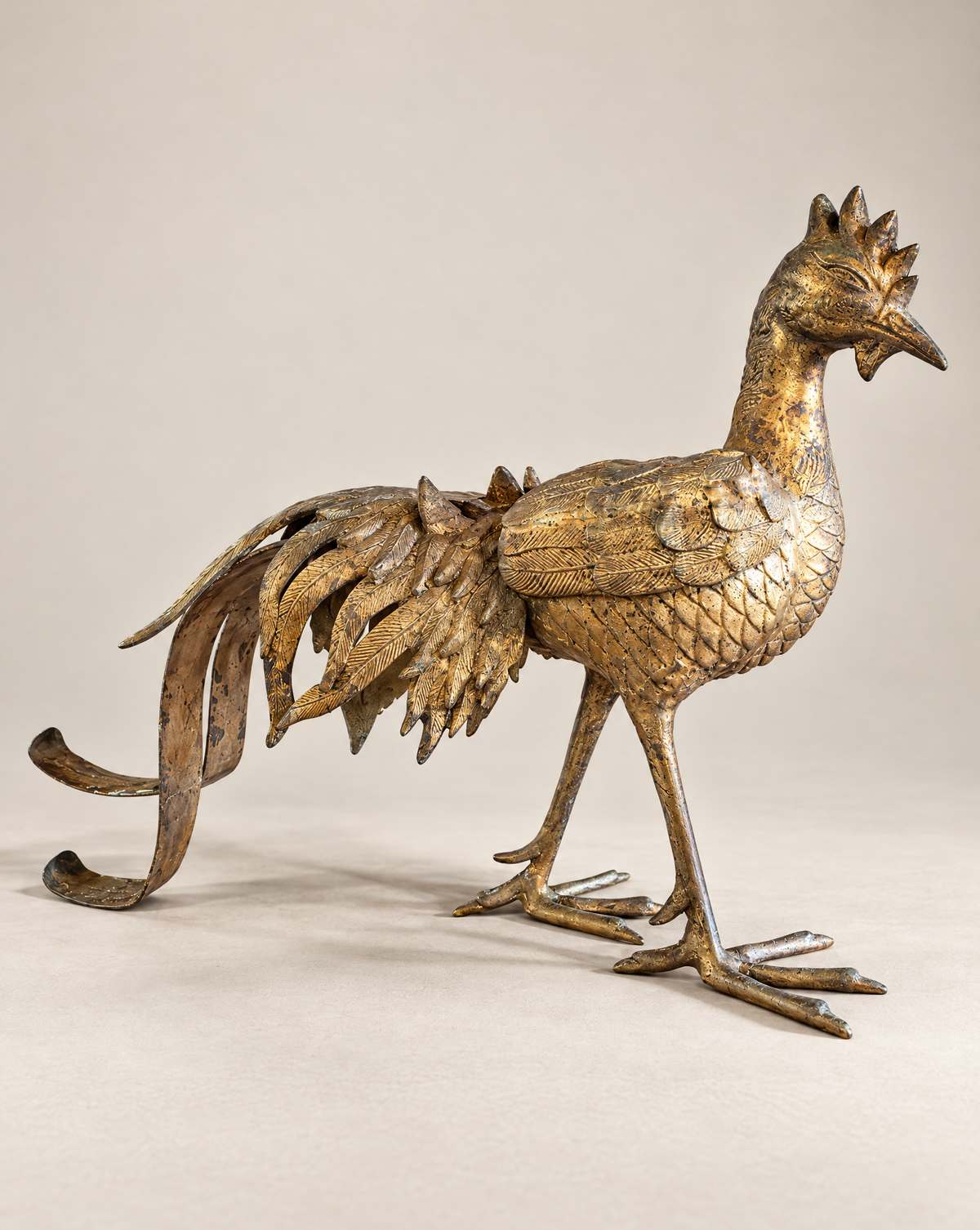 Vintage Japanese Gold-Tone Metal Rooster Sculpture