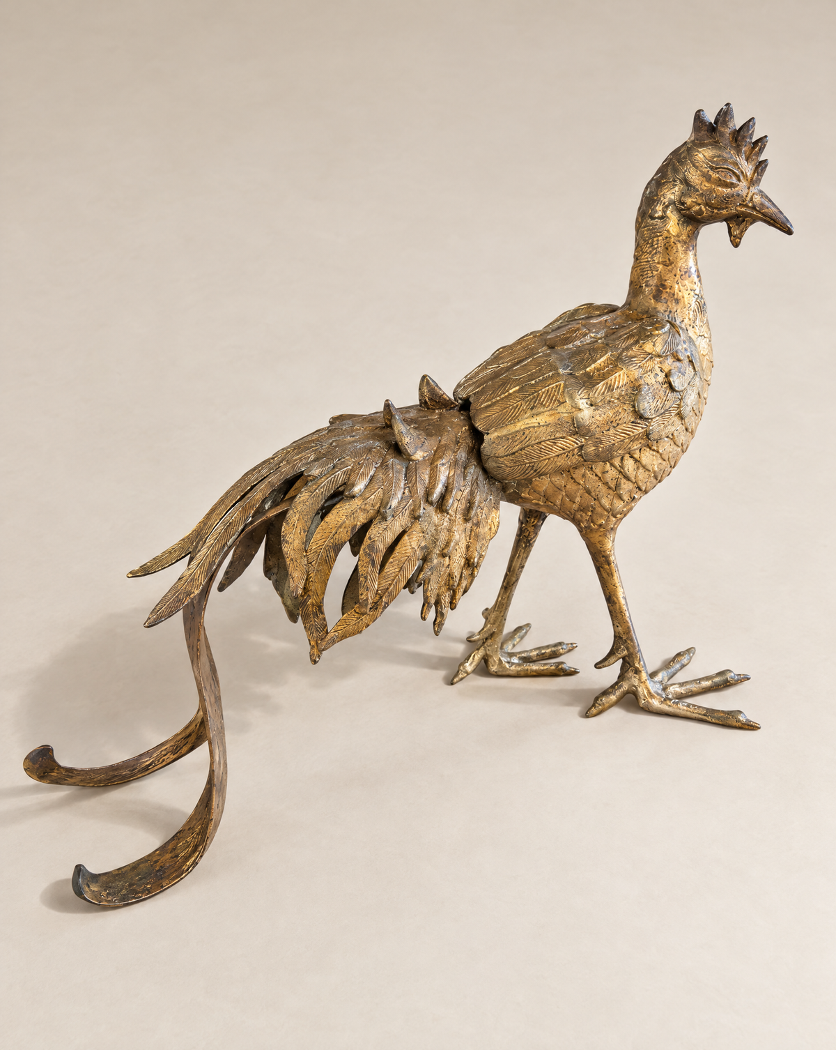 Vintage Japanese Gold-Tone Metal Rooster Sculpture