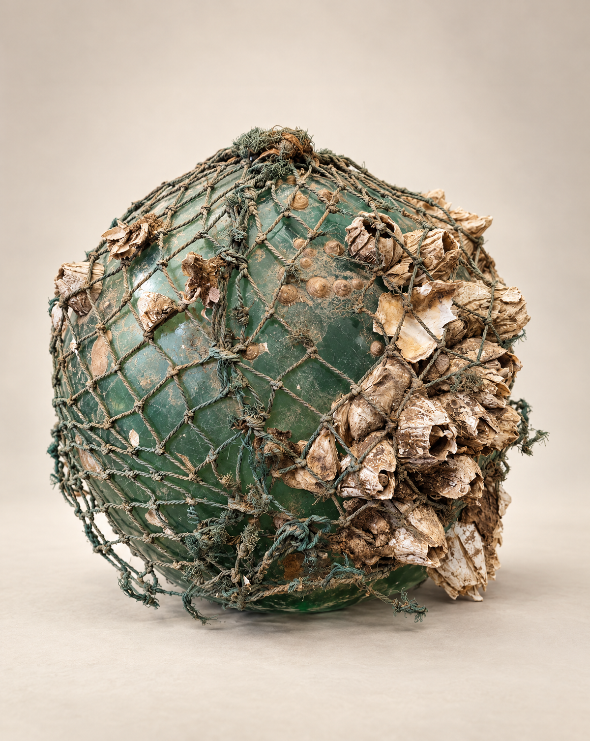 Vintage Glass Fishing Float with Rope Netting & Barnacles