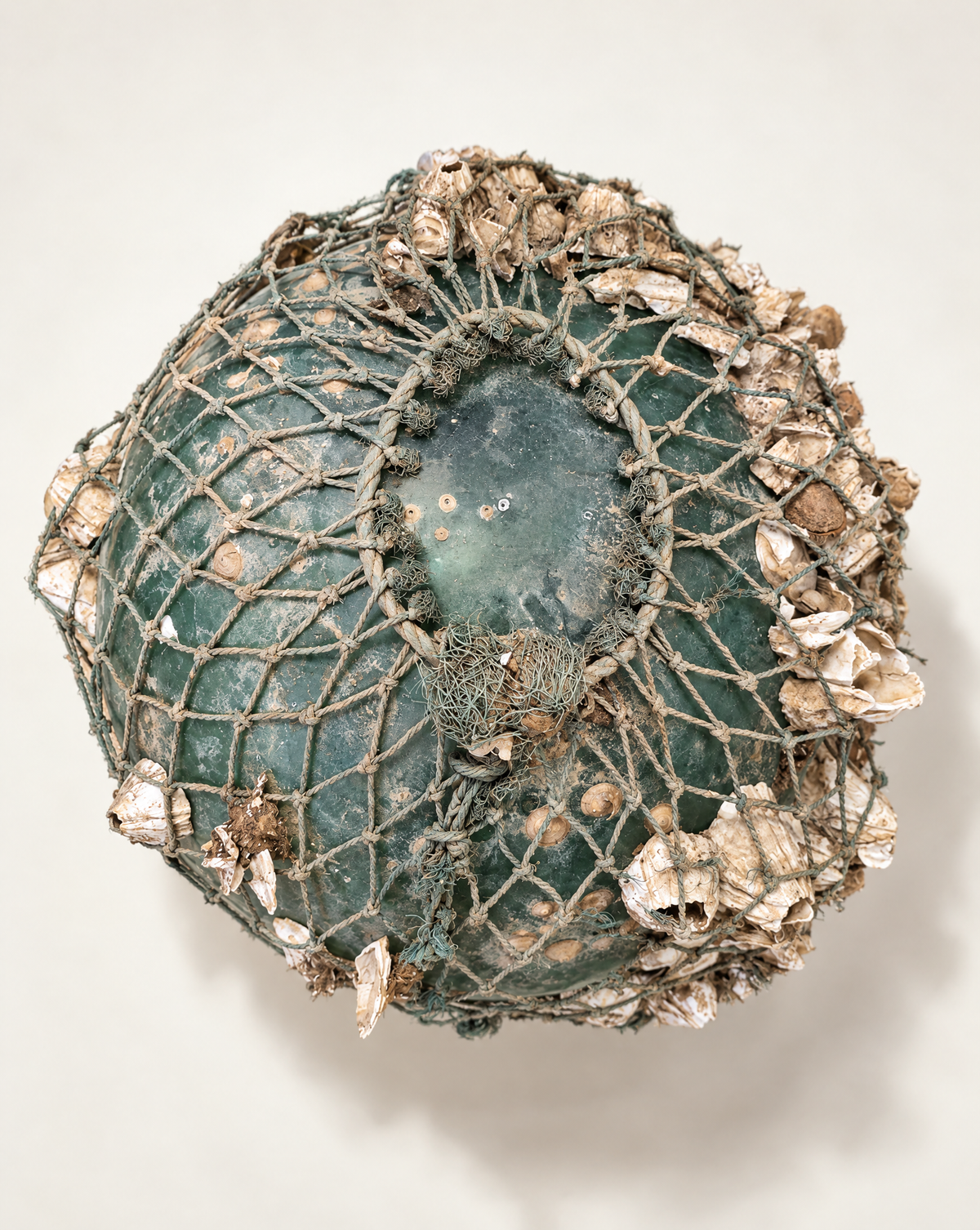 Vintage Glass Fishing Float with Rope Netting & Barnacles