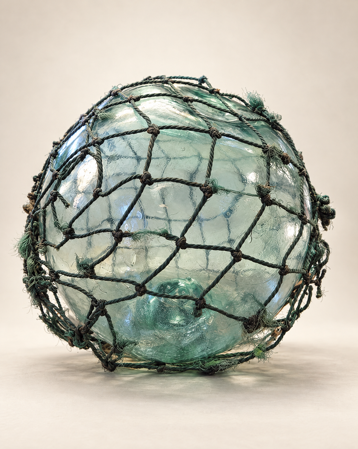 Vintage Glass Fishing Float with Rope Netting