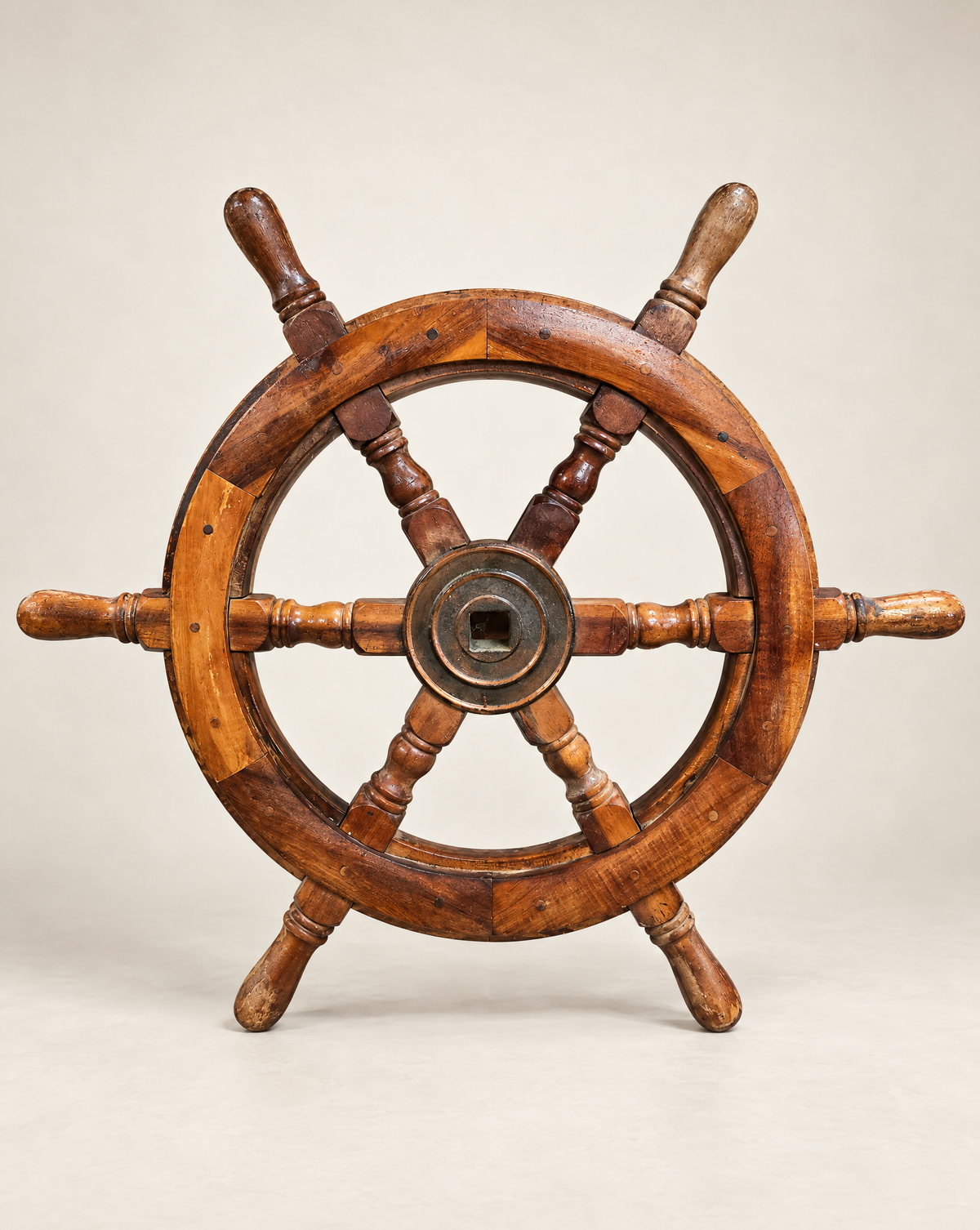 Vintage Wooden Ship's Wheel with Metal Center Hub – 24"