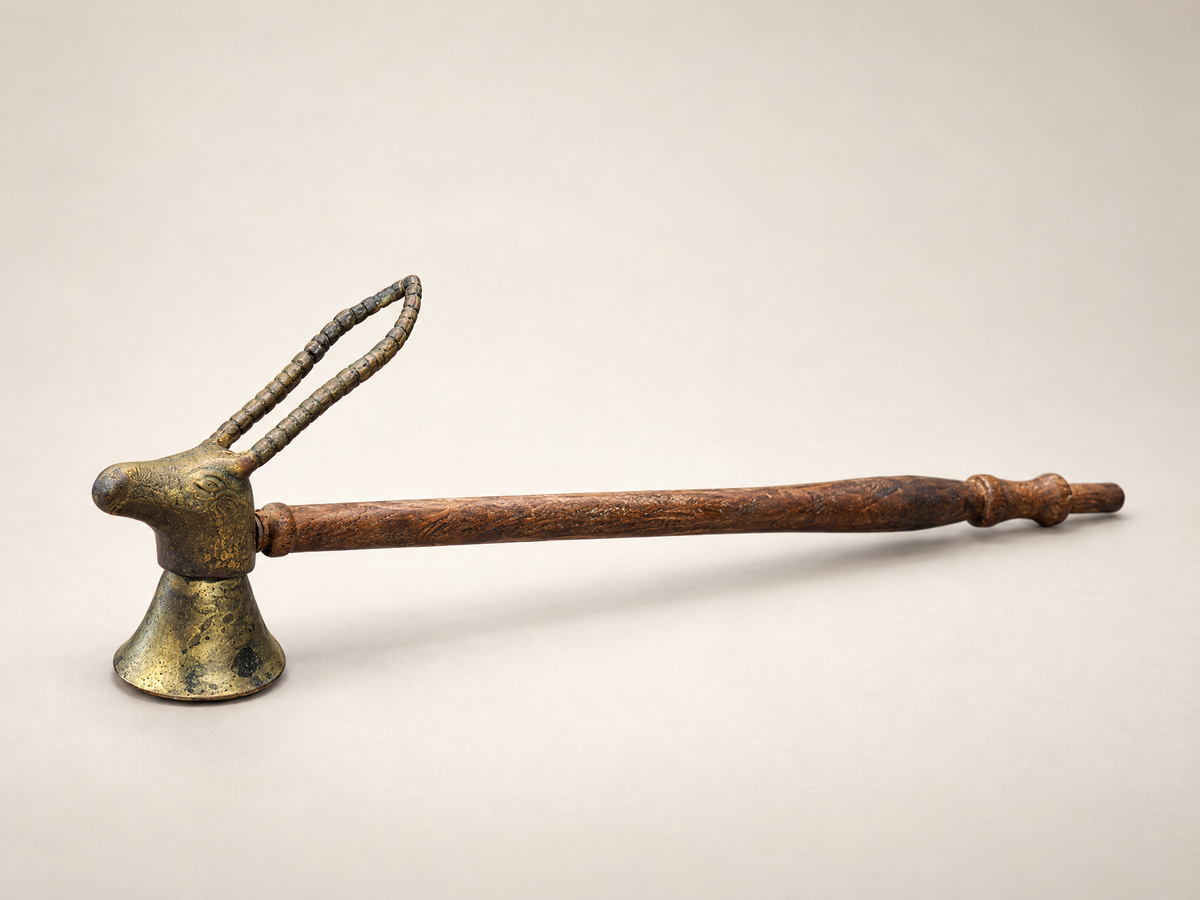 Vintage Brass Antelope Head Candle Snuffer with Wood Handle